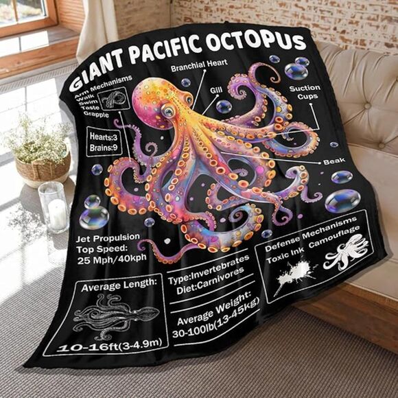 Octopus Throw Blanket, Anatomy Print,  50" x 40" Kids - Picture 1 of 4